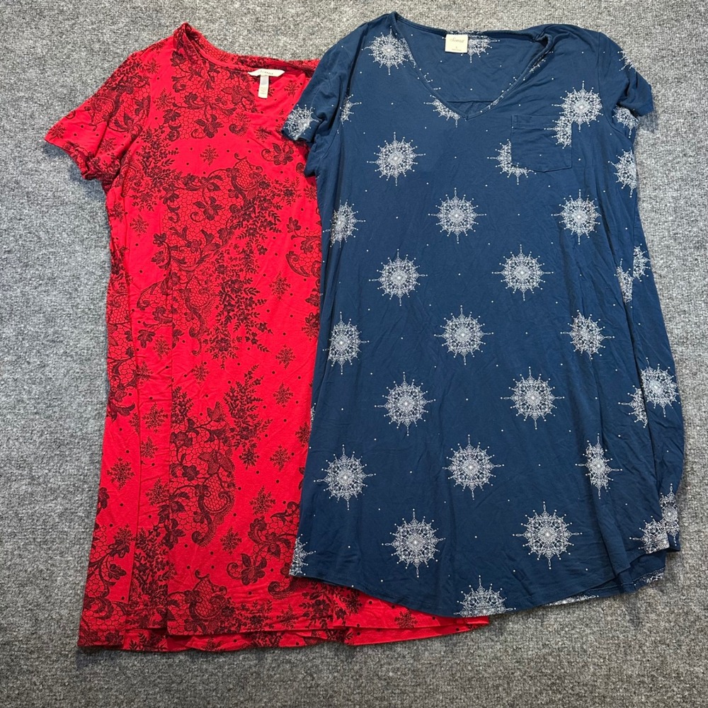 Soma Sleep Shirt Bundle Womens Large Red Blue Floral Snowflake Loungewear Set